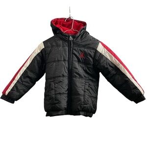 Jordan Black Puffer Jacket with Red & White Sleeve Stripes boys size small 4-5